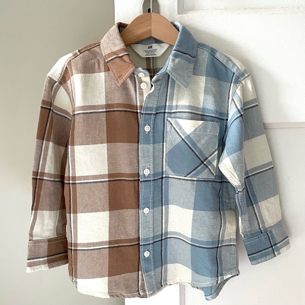 NWOT H&M Boys 4T Mixed Plaid Flannel Shirt in Blue & Brown